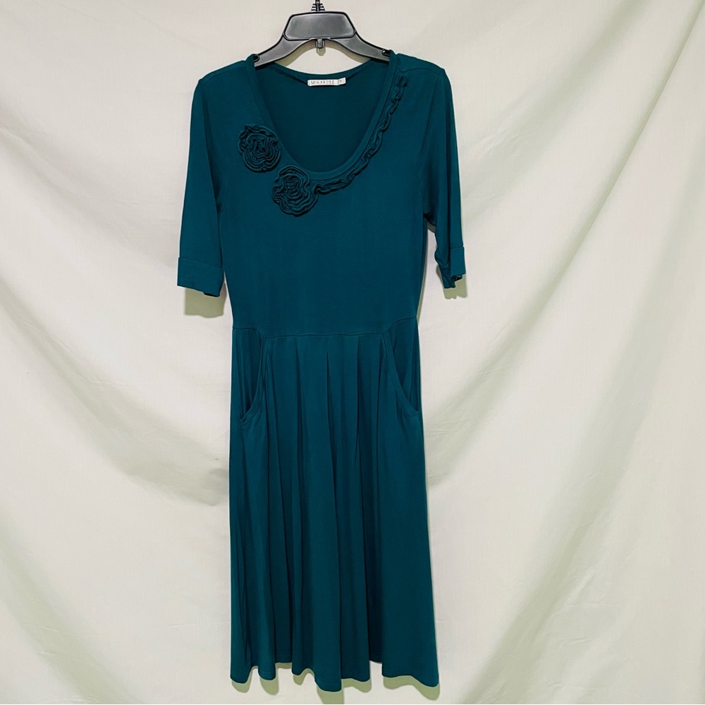 Mikarose Women’s Teal Midi Dress with Floral Detail Size Small